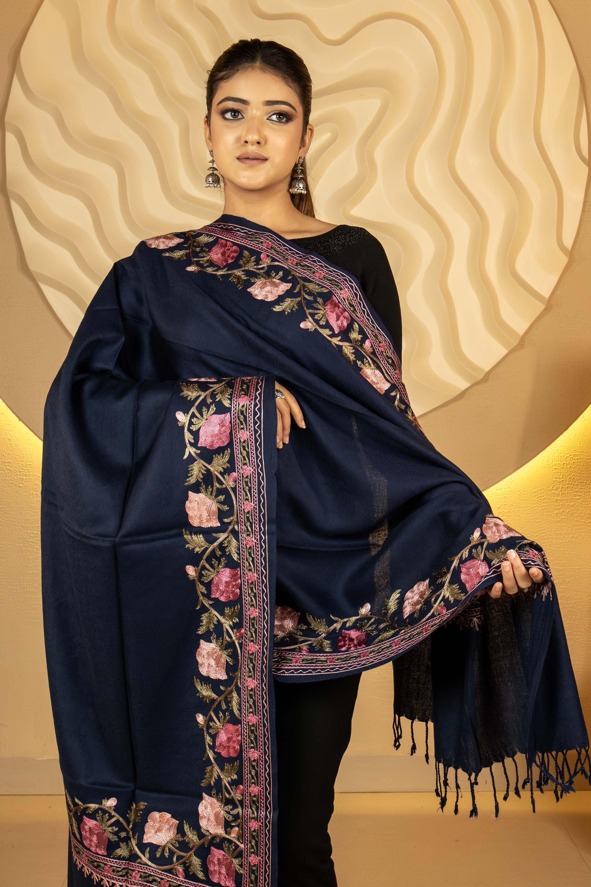 Aari Embroidered Navy Blue Pure Wool Stole For Women